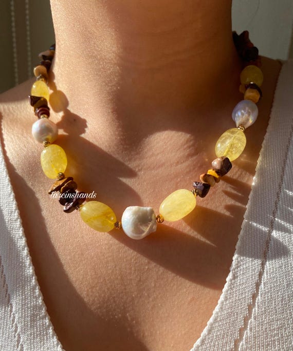 Gold-Plated Citrine, Baroque Pearl & Jasper Necklace