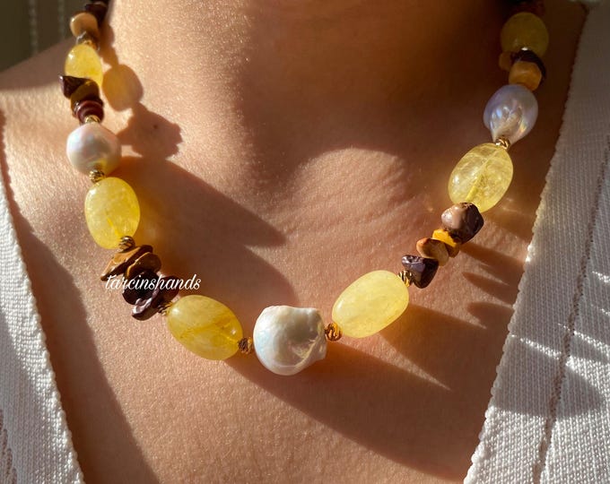 Raw Citrine Baroque Pearl and Mookaite Jasper Gold Necklace , Beaded Semi Precious Stone Necklace , Chunky Jasper Pearl Necklace For Women