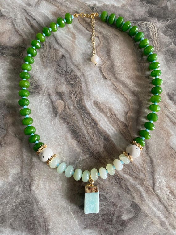 Jade Green Agate Amazonite Pendant Gold Filled Necklace with Jasper,Beaded Green Gemstone Boho Necklace,Gift For Women,Multistone Necklace