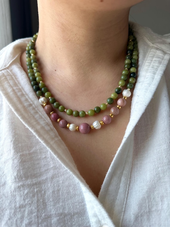 Jade Rhodonite Pearl Multistrand Necklace: Boho Gemstone Jewelry
