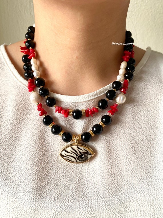 Multistrand Onyx, Coral & Pearl Necklace: Bohemian Ceramic Eye Pendant