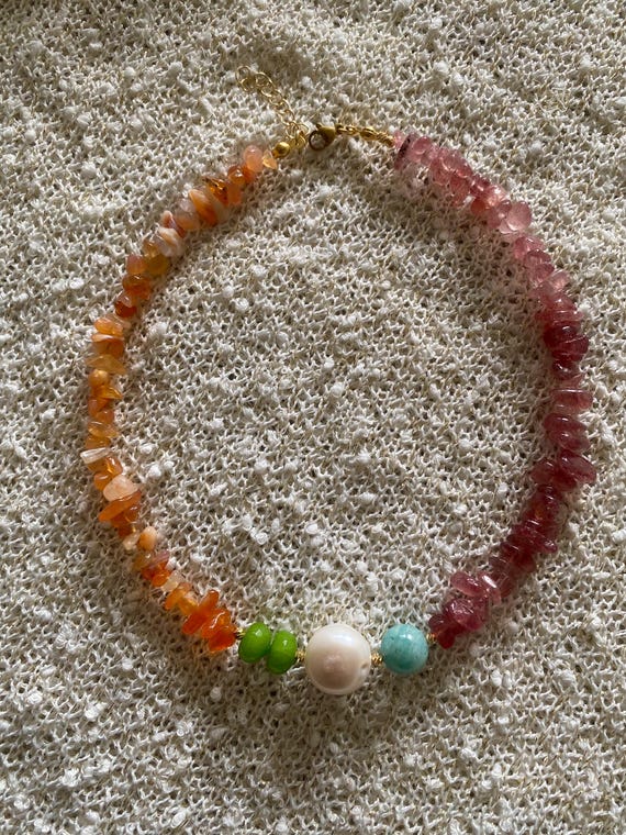 Strawberry Quartz Orange Agate Choker,Gold Filled Natural Gemstone Colorful Short Necklace,Amazonite Jewelry