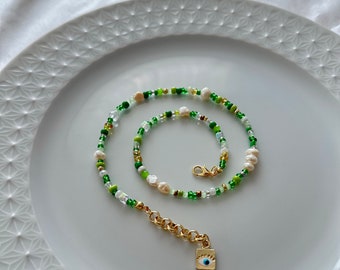 Mixed beads and freshwater pearls gold plated necklace , green beaded necklace , glass seed bead necklace , mismatched bead necklace