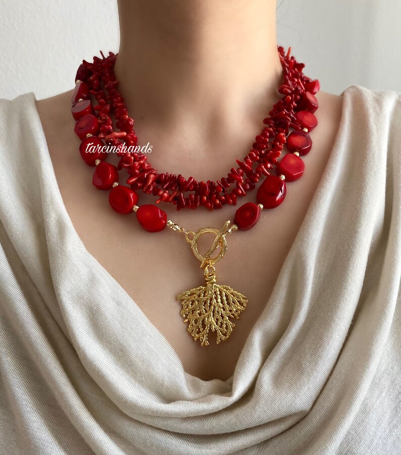 Multistrand Red Coral Necklace with Gold Plated Coral Pendant Bohemian Style image 2