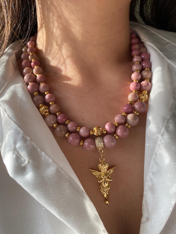 Rhodonite Necklace, Gold-Plated Angel Pendant, Boho Layered Jewelry