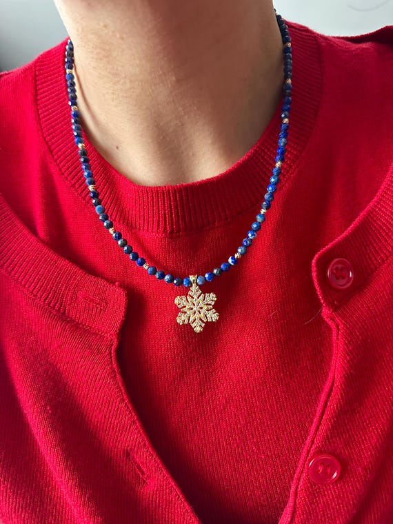 Lapis Lazuli Beaded Necklace with Gold Plated Snowflake Pendant