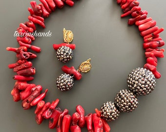 Chunky Beaded Red Coral Necklace and Earrings Set – Statement Coral Jewelry, Bold Gemstone Necklace, Handmade Gift for Her