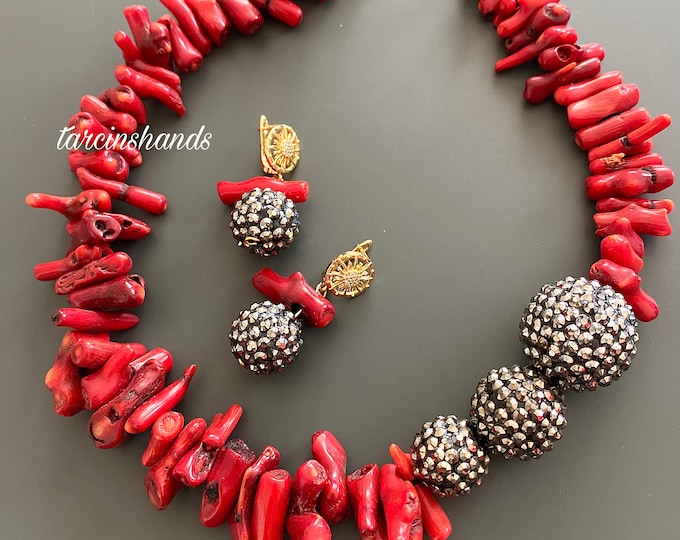 Chunky Beaded Red Coral Necklace and Earrings Set – Statement Coral Jewelry, Bold Gemstone Necklace, Handmade Gift for Her