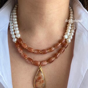 Gold-Plated Sunstone & Freshwater Pearl Multistrand Necklace