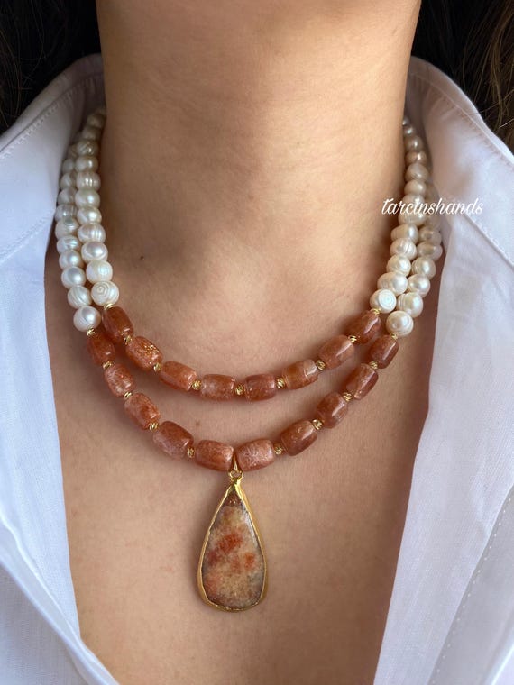 Gold-Plated Sunstone & Freshwater Pearl Multistrand Necklace