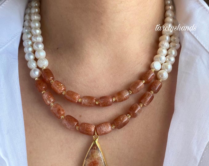 Multistrand Sunstone and Freshwater Pearl Gold Filled Necklace,Multistrand Statement Gemstone and Pearl Necklace,Elegant Sunstone Necklace