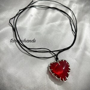 Spiky heart necklace red glass heart pendant necklace , gothic heart necklace , chunky heart necklace , cybery2k jewelry zdjęcie 4