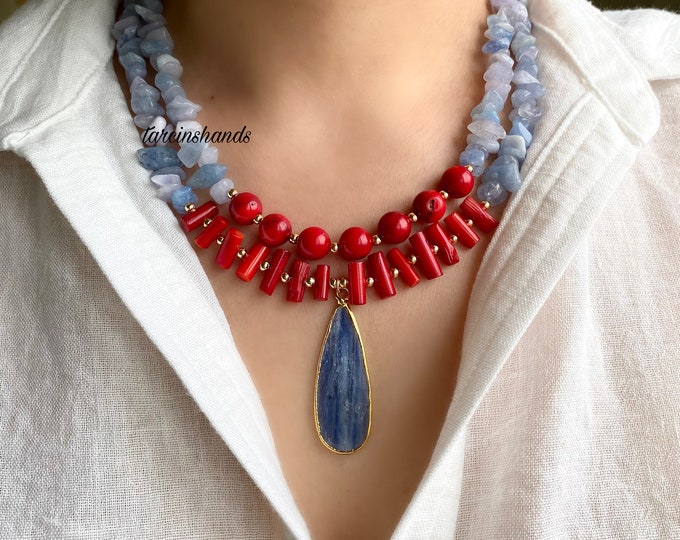 Multistrand Aquamarine and Natural Red Coral Gold Filled Necklace with Kyanite Pendant , Layered Blue and Red Gemstone Necklace