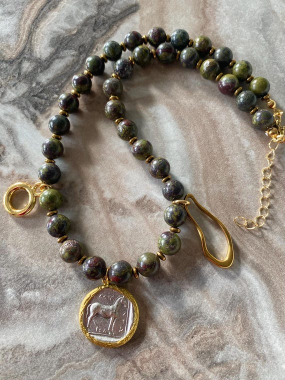 Bloodstone Choker, Coin Pendant, Boho Gemstone Necklace