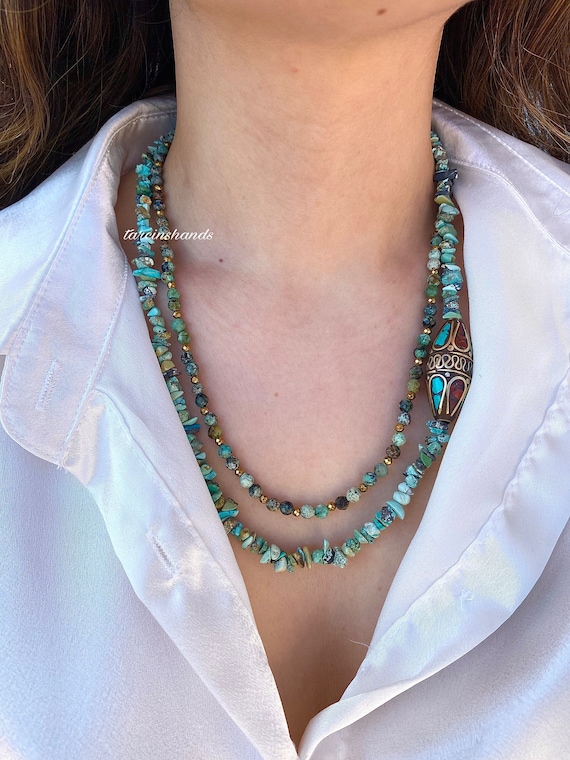 Multistrand Turquoise Necklace: Gold Plated Gemstone Jewelry