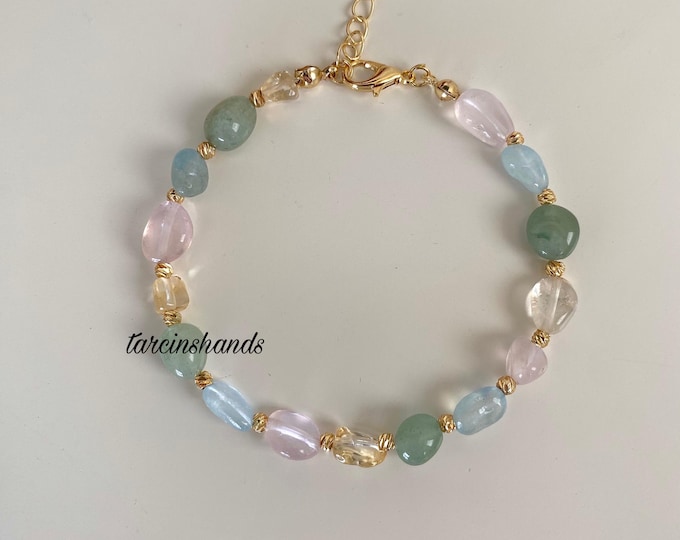 Mixed Gemstone Gold Bracelet , Pastel Color Gemstone Beaded Bracelet , Aquamarine Aventurine Pink Quartz Citrine Dainty Bracelet