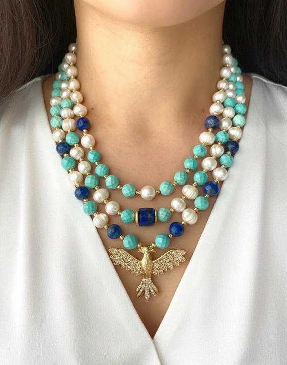 Lapis Lazuli Turquoise Pearl Necklace, Gold Phoenix Pendant, Bohemian Jewelry