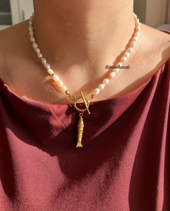 Gold Fish Pendant Necklace: Freshwater Pearls, Toggle Clasp