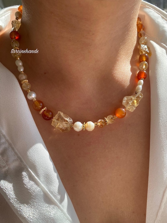 Raw Citrine Agate Pearl Necklace, Gold Filled Gemstone, Boho Jewelry