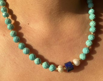 Türkis Lapis Lazuli Perlenkette: Boho Edelstein, vergoldet Geschenk für