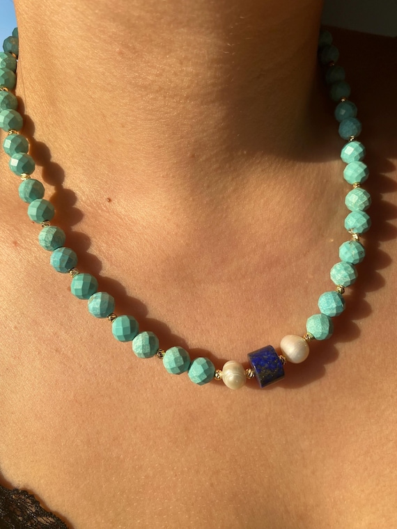 Turquoise Lapis Lazuli Pearl Necklace: Boho Gemstone, Gold-Plated Gift For