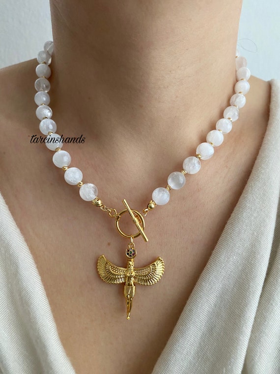 Selenite Gold Toggle Goddess Isis Pendant Necklace , Mythological Necklace , Selenite Beaded Ancient Egypt Necklace,Gift For Her