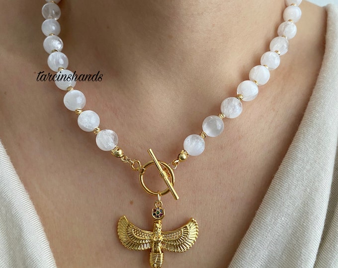 Selenite Gold Toggle Goddess Isis Pendant Necklace , Mythological Necklace , Selenite Beaded Ancient Egypt Necklace,Gift For Her