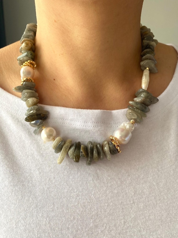 Labradorite Baroque Pearl Necklace, Gold-Plated Brass, Boho Statement Jewelry
