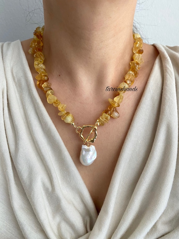 Chunky Citrine 14k Gold-Filled Necklace with Baroque Pearl