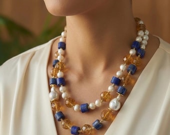 Lapis Lazuli Citrine Baroque Pearl Necklace, Gold Plated Multistrand Gemstone