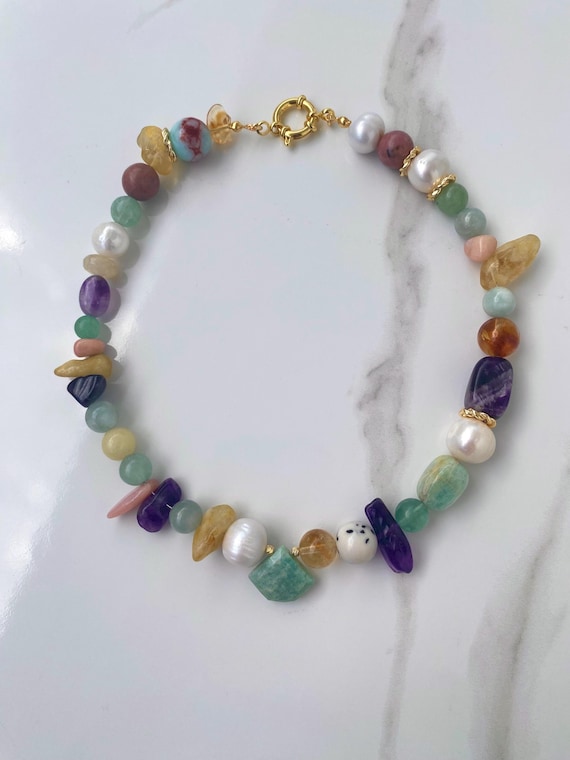 Mixed Gemstone Gold Filled Necklace Toggle Clasp,Boho Jewelry,Gift For Women