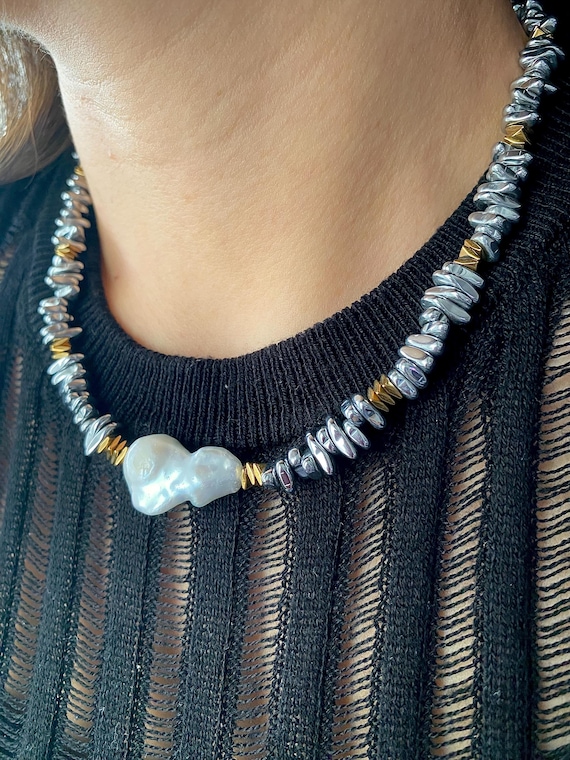Baroque Pearl Necklace, Gold Silver Hematite, Boho Chic