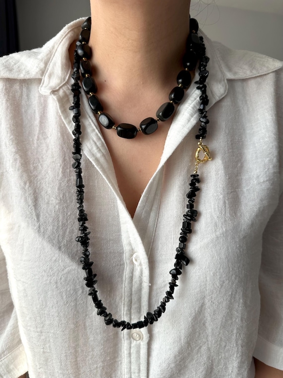 Chunky Obsidian Multistrand Necklace: Hematite & Gold-Plated Brass