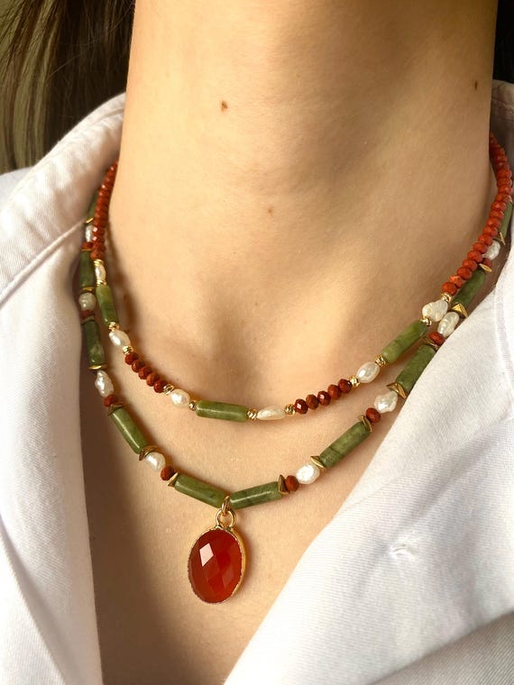 Jade Red Jasper Multistrand Necklace, Orange Agate Pendant, Boho Gemstone Jewelry