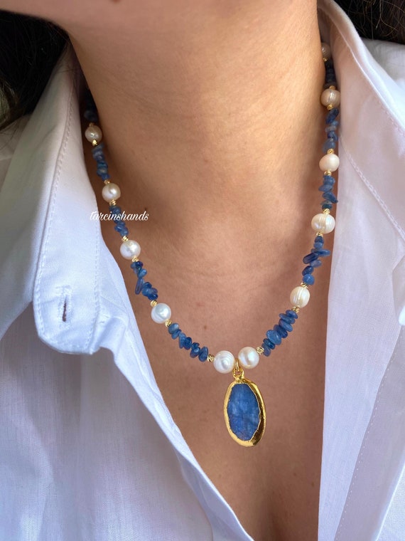 Kyanite and Pearl Gold-Plated Necklace: Minimalist Gemstone Jewelry
