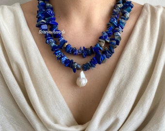 Multistrand Lapis Lazuli Necklace  Statement with  a Baroque Pearl Pendant - Bold Gemstone Choker Chunky Bulky Jewelry Blue GemstoneJewelry