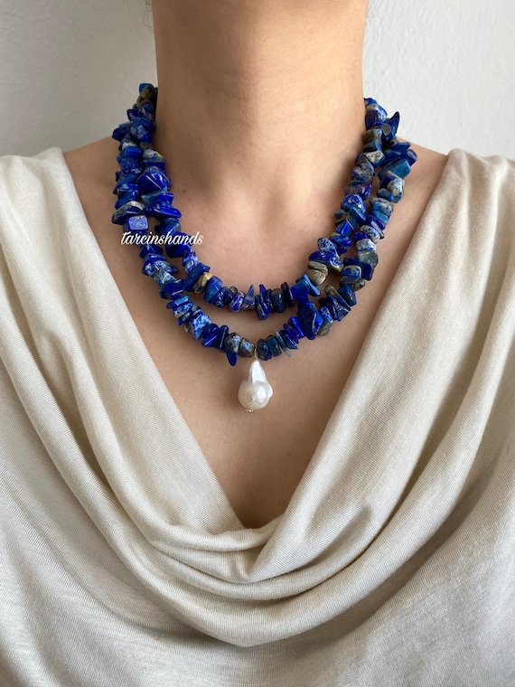 Multistrand Lapis Lazuli Necklace: Baroque Pearl Pendant, Gemstone Choker