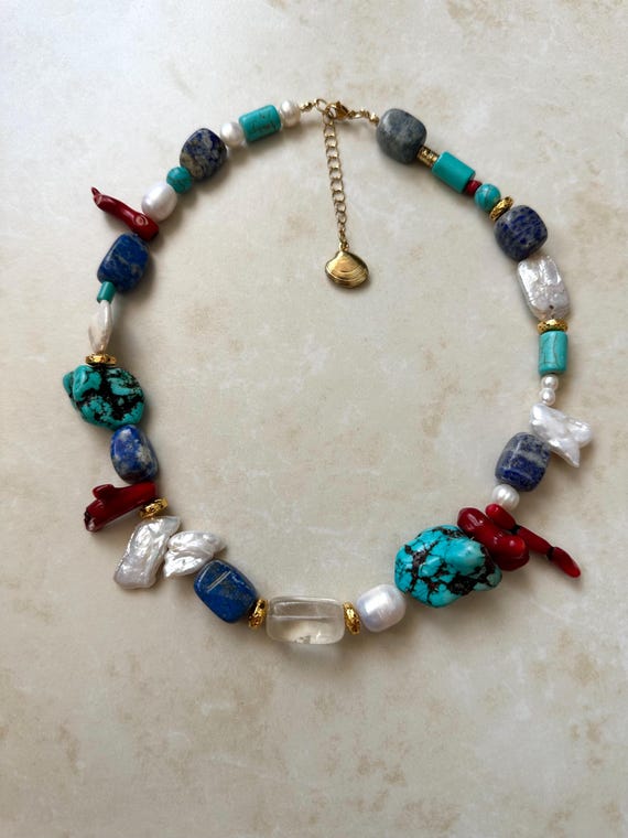 Chunky Gemstone Boho Necklace: Coral, Lapis, Pearl & Quartz