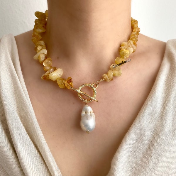 Chunky Gold Citrine 14k Gold-Filled Toggle T-Bar Necklace with Drop Baroque Pearl Pendant - Crystal Jewelry, Anniversary Gifted - Gift ideas