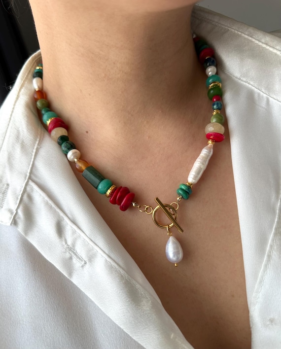 Boho Red Coral & Pearl Necklace: Chunky Mixed Gemstone Statement Jewelry