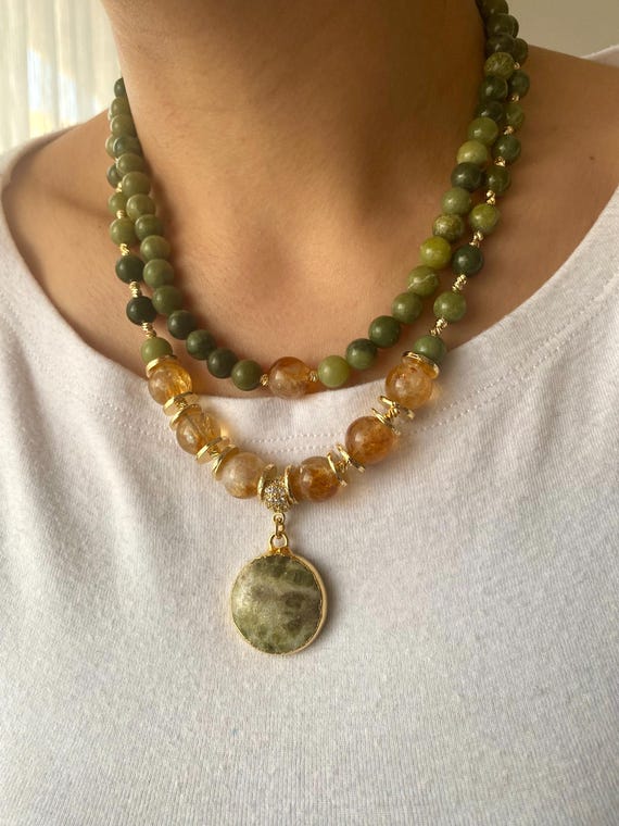 Citrine Jade Multistrand Necklace, Prosperity and Abundance Jewelry, Layered Healing Crystal Choker, Green Jade and Yellow Citrine Gift