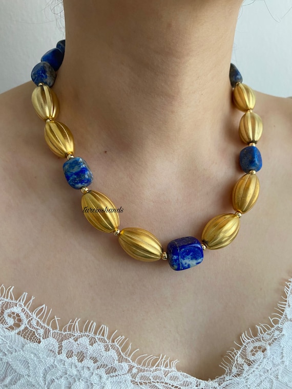 Lapis Lazuli Gold Plated Beaded Necklace: Navy Blue Gemstone