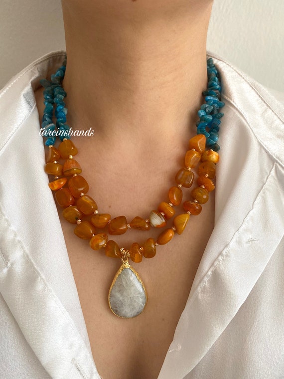 Apatite Orange Agate Multistrand Necklace with Moonstone Pendant