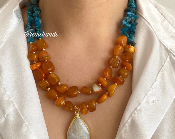 Multistrand Apatite and Orange Agate Gold Necklace with Moonstone Pendant , Chunky Gemstone Necklace , Multistone Necklace , Gift For Women