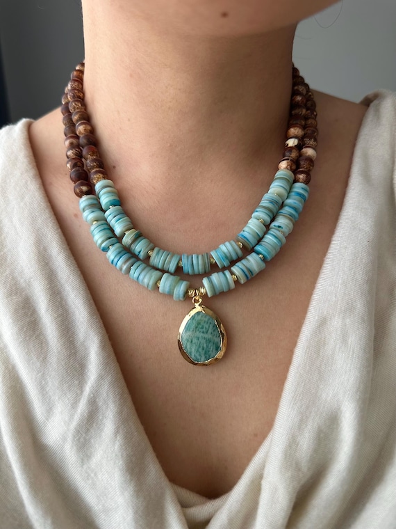 Multistrand Agate & Mother of Pearl Necklace: Amazonite Pendant, Bohemian Statement