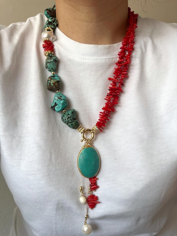Red Coral Turquoise Lariat Necklace: Chunky Boho Gemstone, Gold Plated