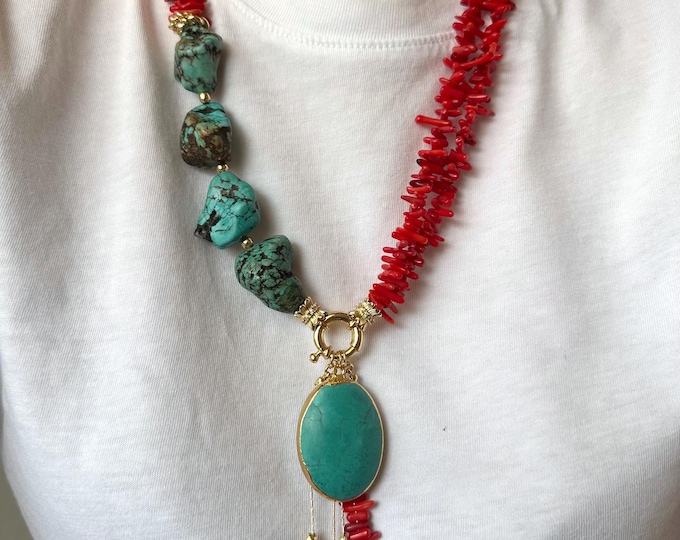 Red Coral and Raw Turquoise Long Necklace,Handmade Chunky Gemstone Summer Necklace,Statement Boho Semi Precious Stone Lariat Necklace