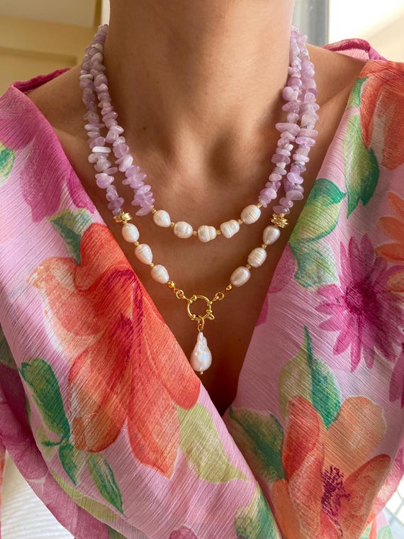 Multi-Strand Kunzite Pearl Necklace, Gold Plated Baroque Pendant, Boho Statement Jewelry