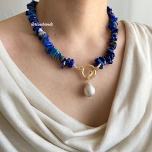 Lapis Lazuli and Baroque Pearl Necklace pendant necklace ,chunky gemstone necklace , navy blue gemstone necklace Anniversary Gifted zdjęcie 2