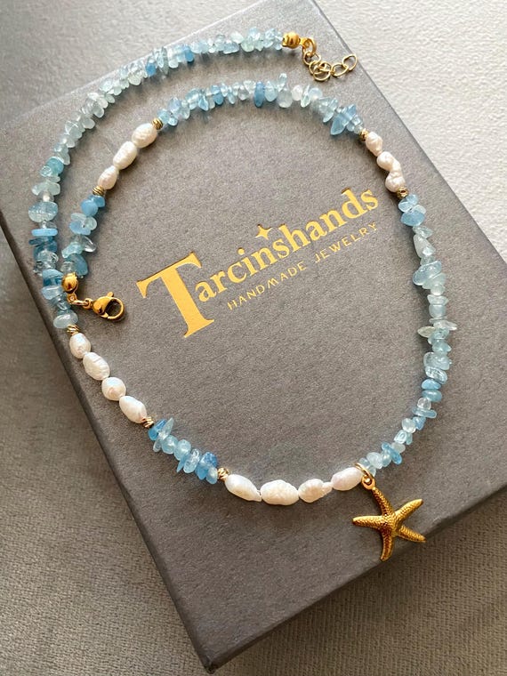 Aquamarine Pearl Necklace, Gold Starfish Charm, Bohemian Jewelry